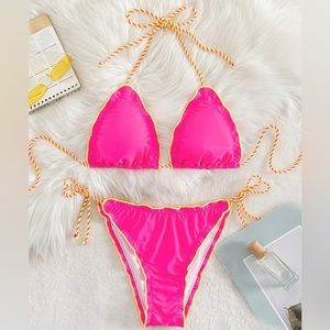 (M) SHEIN Hot Pink Yellow Scallop Trim String Bikini Swim Set